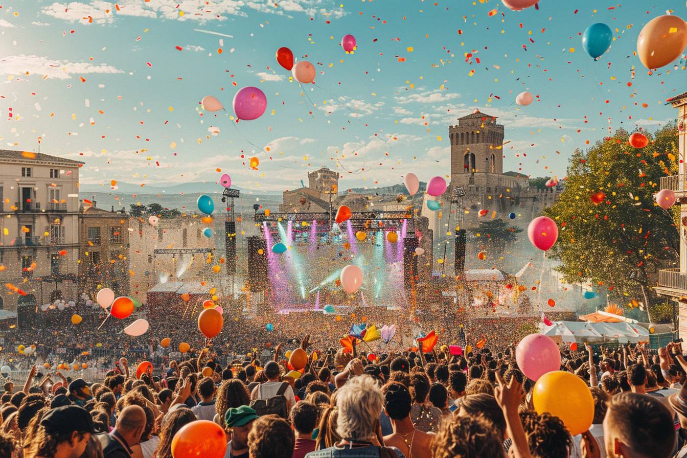 Public enthousiaste profitant de l'ambiance électrique du soir au festival à Nîmes, France, célébrant les traditions et la musique locales en 2023.